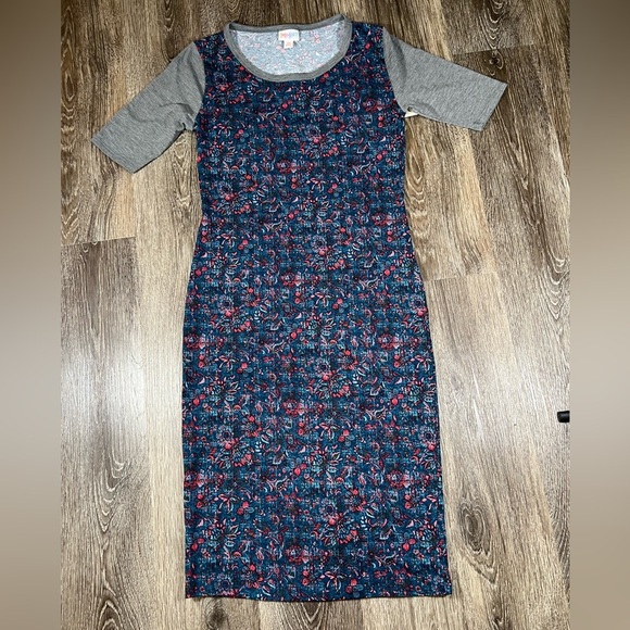 LuLaRoe Dresses & Skirts - LuLaRoe Julia Dress XS Navy Floral Print Grey Sleeve Midi Knee Length NEW Boho